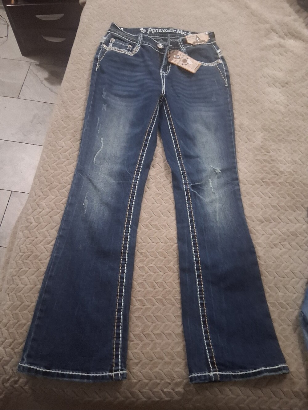 Dark Blue Flare Jeans with Contrast Stitching